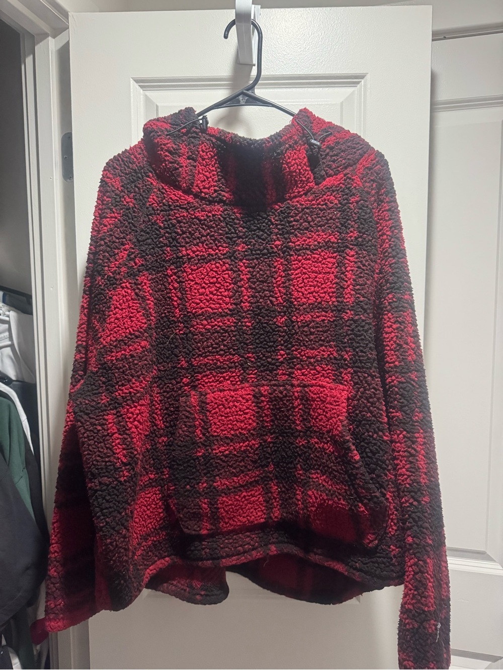 VS Pink Red & Black Plaid Sherpa Hoodie